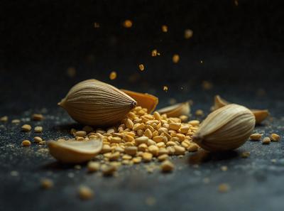 The primary subject of the image is a pile of almonds, which are scattered on a black surface. The setting appears to be a dark room, and the visual style is a close-up of the almonds. The almonds are the main focus of the image, and the overall atmosphere is dark and moody.