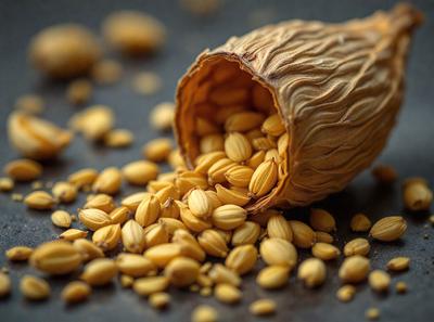The primary subject of the image is a pile of seeds, which are primarily yellow in color. The seeds are scattered on a table, and there is a container or a bowl nearby, possibly holding more seeds. The setting appears to be indoors, with a focus on the seeds and the container. The visual style of the image is a close-up of the seeds, showcasing their details and texture. The colors and mood of the image are warm and inviting, with the yellow seeds