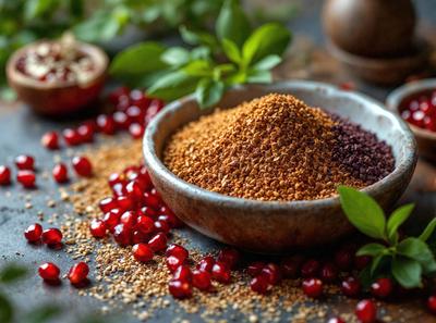 The primary subject of the image is a bowl filled with a mixture of spices and dried fruits, such as cranberries and raisins. The bowl is placed on a table, and the spices are sprinkled around it. The setting is a kitchen or dining area, and the visual style is a close-up of the bowl and its contents. The colors and mood of the image are warm and inviting, with the spices and fruits creating a sense of comfort and homel