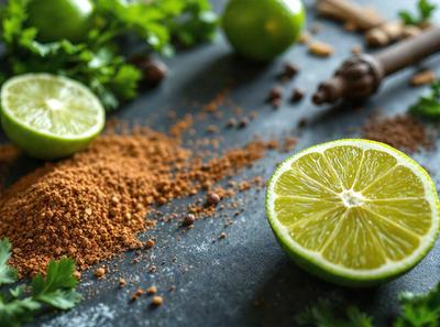 The primary subject of the image is a lime, which is placed on a black surface. The lime is surrounded by various spices, including cinnamon and nutmeg, which are scattered around it. The setting appears to be a kitchen or a dining area, with a table or countertop visible in the background. The visual style of the image is a close-up of the lime and spices, with a focus on the details and textures of the ingredients. The colors and mood of the