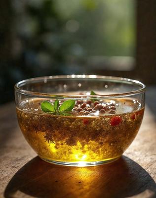 The primary subject of the image is a glass bowl filled with a yellow liquid, which appears to be a soup or a sauce. The setting is a dining table, and the visual style is a photo. The colors in the image are predominantly yellow, which gives the scene a warm and inviting atmosphere.