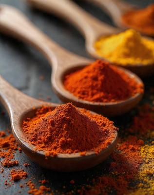 The primary subject of the image is a wooden spoon filled with a red powder, likely a spice or seasoning. The spoon is placed on a black surface, which serves as the setting or background. The visual style of the image is a close-up of the wooden spoon, highlighting the red powder inside. The dominant colors in the image are red and black, creating a bold and striking atmosphere.
