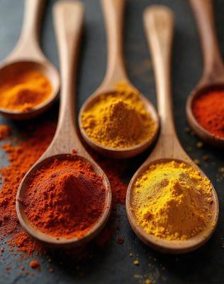 The primary subject of the image is a wooden spoon filled with a yellow substance, likely a spice or sauce. The spoon is placed on a black surface, which serves as the setting or background. The visual style of the image is a close-up of the wooden spoon, showcasing its details and the yellow substance inside. The colors and mood of the image are predominantly yellow, which gives it a warm and inviting atmosphere.