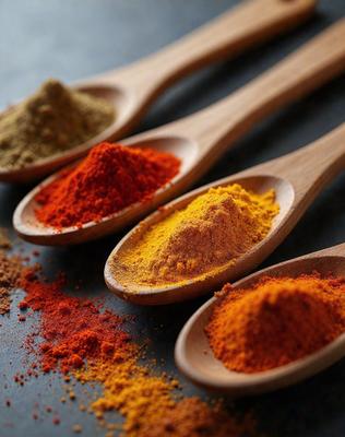The primary subject of the image is a wooden spoon filled with a spice, likely cinnamon. The spoon is placed on a table, and there are three other wooden spoons in the scene, each containing different spices. The setting appears to be a kitchen or dining area, with the wooden spoons and spices as the main focus. The visual style is a close-up of the wooden spoons, showcasing the details of the spices inside. The colors and mood of the image are warm