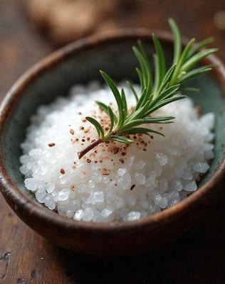 The primary subject of the image is a bowl filled with white rice, which is placed on a wooden table. The rice is accompanied by a sprig of rosemary, adding a touch of freshness and aroma to the dish. The setting is a simple wooden table, and the visual style is a close-up of the bowl and its contents. The colors and mood of the image are predominantly neutral, with the white rice and the green rosemary creating a calming and soothing atmosphere.