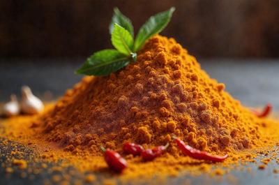 The primary subject of the image is a pile of orange spices, possibly cinnamon or paprika, sitting on a table. The setting is a table with a black surface, and the visual style appears to be a close-up of the spices. The colors and mood of the image are predominantly orange, giving it a warm and inviting atmosphere.