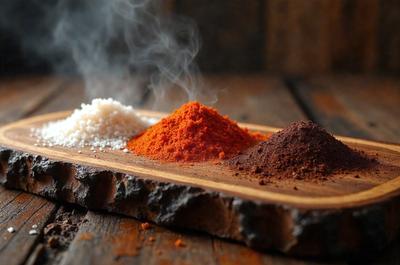 The primary subject of the image is a wooden cutting board with various spices and seasonings on it. The cutting board is placed on a wooden table, which serves as the setting for the scene. The visual style of the image is a close-up of the cutting board, showcasing the spices and seasonings. The colors and mood of the image are warm and inviting, with the wooden table and cutting board creating a cozy and rustic atmosphere.