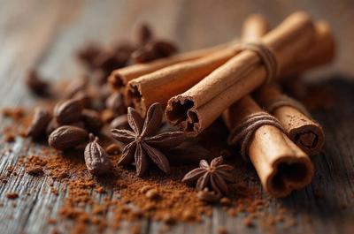 The primary subject of the image is a close-up of various spices, including cinnamon and star anise, with some of them being ground. The setting is a wooden table, and the visual style is a close-up photo. The colors and mood of the image are warm and inviting, with the spices creating a sense of comfort and familiarity.