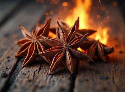 The primary subject of the image is a group of five star-shaped spices, possibly cinnamon, sitting on a wooden table. The setting is a wooden table, and the visual style appears to be a photo. The colors and mood of the image are warm and inviting, with the spices being the main focus.
