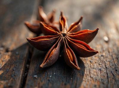 The primary subject of the image is a close-up of a star-shaped fruit, possibly a pineapple or a star fruit, with a brown color. The setting is a wooden surface, possibly a table or a counter. The visual style appears to be a photo, as it captures the details of the fruit and its surroundings. The colors and mood of the image are warm and inviting, with the brown color of the fruit contrasting nicely against the wooden surface.