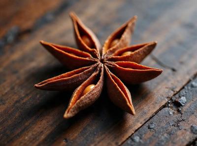 The primary subject of the image is a close-up of a star-shaped nut, possibly a pine nut, with its shell open. The nut is placed on a wooden surface, which serves as the setting and background of the image. The visual style of the image is a close-up, focusing on the nut and its details. The colors in the image are predominantly brown, which gives the scene a natural and earthy atmosphere.