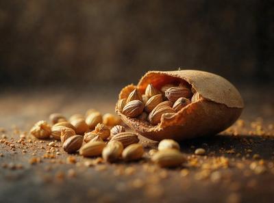 The primary subject of the image is a nut, which is cracked open and revealing the seeds inside. The nut is placed on a wooden surface, which serves as the setting and background of the image. The visual style of the image is a close-up of the nut, showcasing the details of the seeds and the cracked shell. The colors in the image are predominantly brown, which gives the scene a natural and earthy atmosphere.