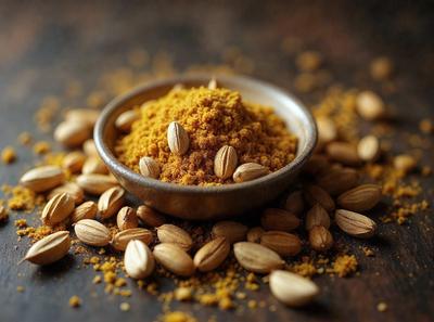 The primary subject of the image is a bowl filled with spices, including nuts and seeds. The bowl is placed on a wooden table, and the spices are scattered around it. The setting appears to be a kitchen or dining area, and the visual style is a close-up of the bowl and its contents. The colors and mood of the image are warm and inviting, with the spices and nuts creating a sense of comfort and familiarity.