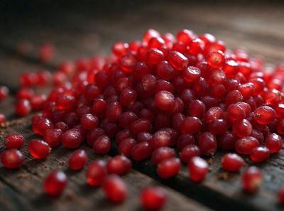 The primary subject of the image is a pile of red berries, which are the main focus of the scene. The berries are displayed on a wooden surface, which serves as the setting or background. The visual style of the image is a close-up of the berries, showcasing their vibrant color and texture. The overall atmosphere of the image is warm and inviting, with the red berries being the main source of color and visual interest.