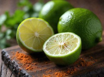 The primary subject of the image is a lime, which is cut in half and placed on a wooden table. The lime is surrounded by other limes, creating a visually appealing display. The setting is a wooden table, and the visual style is a close-up of the lime. The colors and mood of the image are predominantly green, with a fresh and vibrant atmosphere.