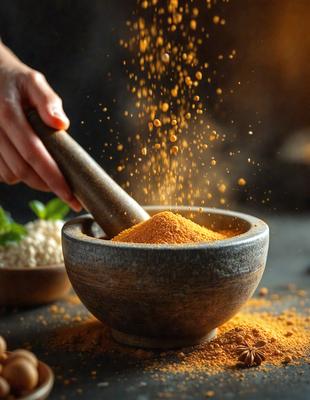 The primary subject of the image is a wooden bowl filled with spices, with a person's hand holding a spoon over the bowl. The setting is a kitchen, and the visual style is a photo. The dominant colors are brown and orange, giving the image a warm and inviting atmosphere.