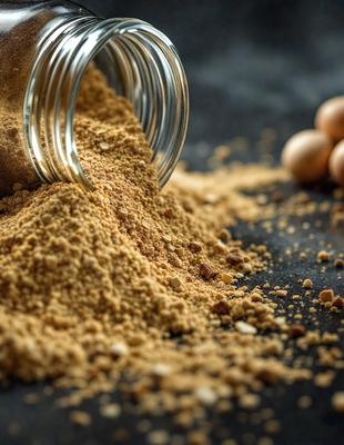 The primary subject of the image is a container filled with a brown substance, likely flour or a similar powdered ingredient. The container is placed on a black surface, which serves as the setting or background. The visual style of the image is a close-up of the container, showcasing the powdered substance inside. The colors in the image are predominantly brown, giving the scene a warm and earthy tone.