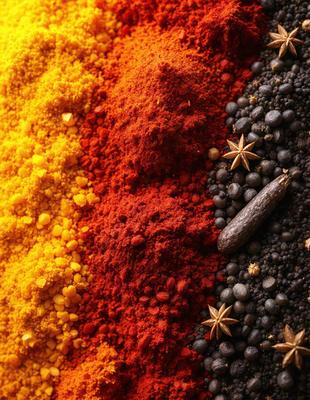The primary subject of the image is a close-up of various spices, including red pepper, black pepper, and star anise. The setting is a table with a spice rack, and the visual style is a close-up of the spices. The colors and mood of the image are predominantly warm and vibrant, with the red pepper and black pepper standing out as the main focus.