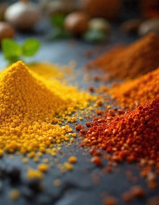 The primary subject of the image is a close-up of various spices, including yellow, orange, and red, arranged on a table. The setting is a table with a black surface, and the visual style appears to be a close-up of the spices. The colors and mood of the image are vibrant and lively, with the yellow, orange, and red spices creating a warm and inviting atmosphere.