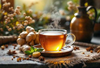 The primary subject of the image is a cup of tea, which is placed on a table. The setting is a cozy and warm environment, with a backdrop of a vase filled with flowers. The visual style is a photo, capturing the details of the tea and the surrounding flowers. The colors and mood of the image are predominantly warm and inviting, with the cup of tea and the flowers creating a sense of comfort and relaxation.