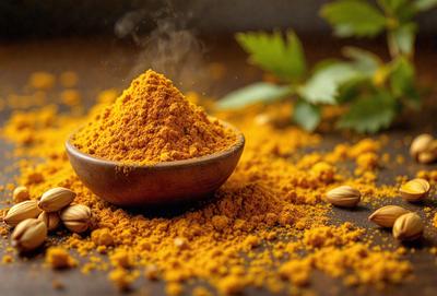 The primary subject of the image is a wooden bowl filled with a spice, likely turmeric, which is a common ingredient in Indian cuisine. The bowl is placed on a table, and the spice is sprinkled all over the table, creating a vibrant and colorful scene. The setting is a kitchen or dining area, and the visual style is a close-up of the wooden bowl and the spice. The colors and mood of the image are warm and inviting,