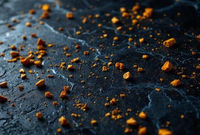 The primary subject of the image is a close-up of a black countertop with orange specks on it. The setting is a black countertop, and the visual style appears to be a photo. The dominant colors are black and orange, creating a contrasting and visually striking scene.