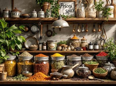 The primary subject of the image is a wooden shelf filled with various spices and seasonings. The shelf is well-stocked with numerous jars and containers, showcasing a wide variety of spices. The setting is a kitchen, with the shelf being a prominent feature in the scene. The visual style is a photo, capturing the details and textures of the spices and containers. The colors and mood of the image are warm and inviting, with the spices and seasonings creating a sense of abund