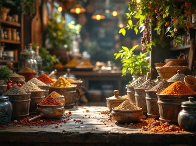 The primary subject of the image is a wooden table filled with various bowls containing different types of spices. The table is set in a kitchen environment, with a dining table nearby. The visual style of the image is a photo, capturing the details of the spices and the wooden table. The colors and mood of the image are warm and inviting, with the spices and wooden table creating a cozy and homey atmosphere.
