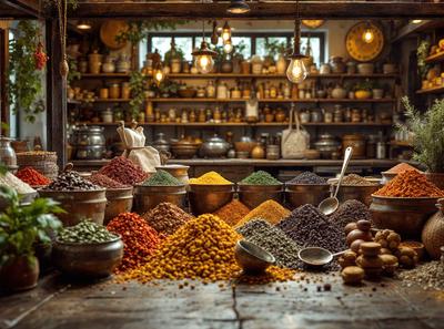 The primary subject of the image is a spice shop filled with various spices and herbs. The setting is a room with a wooden table, and the visual style is a photo. The colors and mood of the image are warm and inviting, with the spices and herbs creating a vibrant and diverse display.