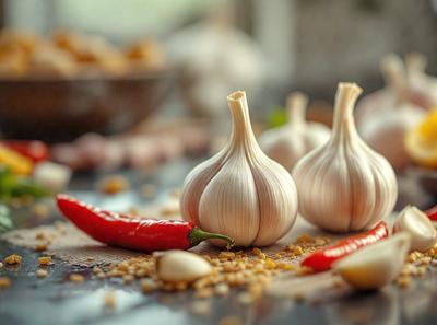 The primary subject of the image is a close-up of two garlic cloves, which are the main objects in the scene. The setting is a table with a bowl and a spoon, suggesting a meal preparation or dining environment. The visual style is a photo, capturing the details of the garlic cloves and the table setting. The colors in the image are predominantly white and brown, with the garlic cloves being white and the table setting being brown. The overall atmosphere is focused and detailed,