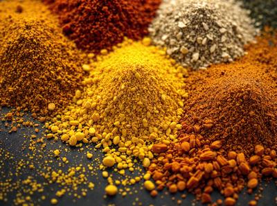 The primary subject of the image is a close-up of various spices, including yellow, orange, and brown, with a focus on the yellow spice. The setting is a table, and the visual style is a close-up of the spices. The colors and mood of the image are predominantly warm and vibrant, with the yellow spice being the most prominent.
