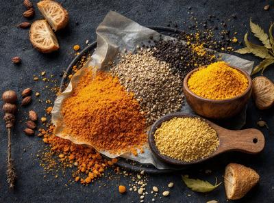 The primary subject of the image is a wooden bowl filled with various spices, including cinnamon, nutmeg, and coriander. The bowl is placed on a dark surface, which contrasts with the vibrant colors of the spices. The setting appears to be a kitchen or a dining area, where the spices are being displayed or used for cooking. The visual style of the image is a close-up of the wooden bowl, highlighting the spices and their textures. The