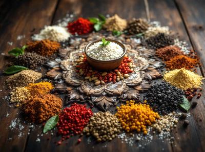 The primary subject of the image is a bowl filled with rice, beans, and other grains. The bowl is placed on a wooden table, which serves as the setting for the scene. The visual style of the image is a close-up of the bowl, showcasing the various grains and beans inside. The colors and mood of the image are warm and inviting, with the wooden table and the assortment of grains creating a sense of abundance and nourishment.