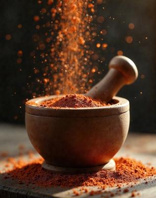 The primary subject of the image is a wooden spice grinder filled with red spices. The setting is a table, and the visual style is a photo. The dominant colors are red and orange, creating a warm and inviting atmosphere.