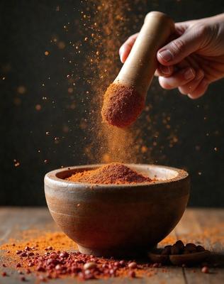 The primary subject of the image is a wooden bowl filled with orange spices, such as cinnamon or paprika. The bowl is placed on a wooden table, and the spices are being sprinkled into it. The setting is a kitchen or dining area, and the visual style is a close-up of the wooden bowl and spices. The colors and mood of the image are warm and inviting, with the orange spices adding a touch of vibrancy to the scene.