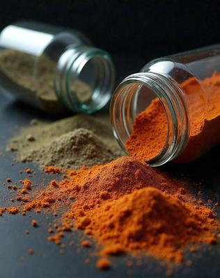 The primary subject of the image is a close-up of a spice, likely cinnamon, in a glass container. The setting is a black surface, and the visual style appears to be a photo. The dominant colors are orange and brown, creating a warm and inviting atmosphere.