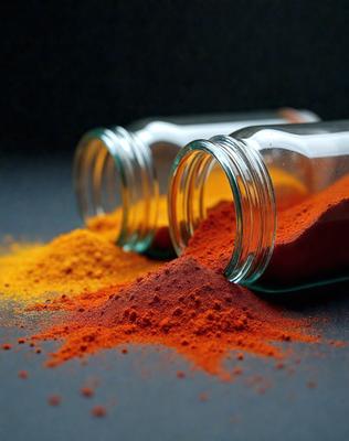 The primary subject of the image is a close-up of a red spice, likely paprika, being poured into a glass jar. The jar is filled with the red spice, and the scene is set on a black surface. The visual style of the image is a close-up of the spice being poured, creating a sense of focus and detail. The dominant colors in the image are red and black, giving the scene a bold and striking appearance.