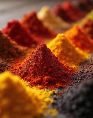 The primary subject of the image is a pile of spices, with a focus on red and yellow spices. The setting is a table, and the visual style appears to be a close-up of the spices. The colors and mood of the image are predominantly warm and vibrant, with the red and yellow spices standing out against the table surface.
