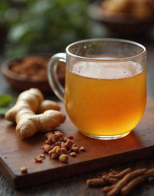 The primary subject of the image is a cup of tea, which is placed on a wooden table. The setting includes a bowl of spices, which adds to the overall atmosphere of the scene. The visual style of the image is a photo, capturing the details of the cup of tea and the spices. The colors in the image are predominantly earthy tones, creating a warm and inviting mood.