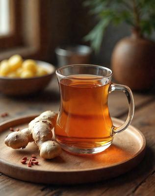 The primary subject of the image is a glass filled with tea, placed on a wooden table. The setting includes a bowl of food, a cup, and a spoon, all arranged on the table. The visual style is a photo, capturing the details of the tea, the table, and the surrounding items. The colors and mood of the image are warm and inviting, with the tea and food creating a cozy atmosphere.