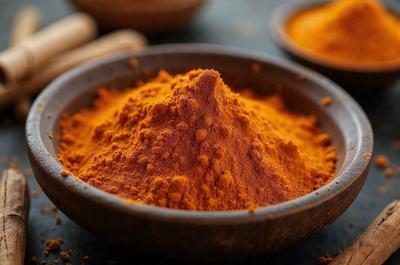 The primary subject of the image is a bowl filled with a spice, likely cinnamon, as it is a common ingredient in various dishes. The bowl is placed on a table, and the spice is visible in the bowl, creating a sense of warmth and comfort. The visual style of the image is a close-up of the bowl, highlighting the spice and its texture. The colors in the image are predominantly orange, which is the color of the spice, and