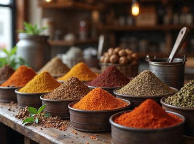 The primary subject of the image is a wooden table with a variety of spices and seasonings displayed in bowls. The table is filled with a total of 13 bowls, each containing different spices. The setting is a kitchen, with a dining table visible in the background. The visual style is a photo, capturing the vibrant colors and textures of the spices. The dominant colors are orange, red, and brown, creating a warm and inviting atmosphere.