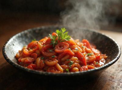 The primary subject of the image is a bowl filled with a delicious pasta dish, featuring a generous amount of tomatoes and possibly some meatballs. The dish is placed on a wooden table, which serves as the setting for the scene. The visual style of the image is a close-up of the bowl, showcasing the vibrant colors and appetizing appearance of the pasta dish. The overall atmosphere of the image is warm and inviting, as it highlights the mouth-water