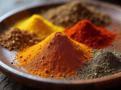 The primary subject of the image is a wooden bowl filled with various spices, including red, yellow, and orange. The spices are piled up in the bowl, creating a visually appealing and colorful display. The setting is a wooden table, and the visual style is a close-up of the spices in the bowl. The dominant colors in the image are red, yellow, and orange, creating a warm and inviting atmosphere.