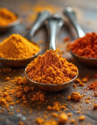 The primary subject of the image is a bowl filled with orange spices. The setting is a wooden table, and the visual style is a close-up of the bowl. The dominant colors are orange and brown, creating a warm and inviting atmosphere.