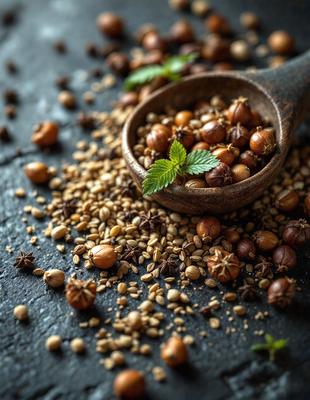 The primary subject of the image is a wooden bowl filled with various seeds and nuts. The bowl is placed on a black surface, which contrasts with the wooden bowl. The seeds and nuts are scattered throughout the bowl, creating a visually appealing and colorful display. The overall atmosphere of the image is one of freshness and natural beauty, as the seeds and nuts are the main focus of the scene.