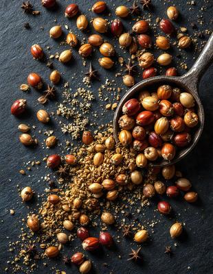 The primary subject of the image is a spoon filled with various seeds and nuts. The spoon is placed on a table, and the seeds and nuts are scattered around it. The setting appears to be a kitchen or dining area. The visual style is a close-up of the spoon and the seeds, showcasing the details of the nuts and seeds. The colors and mood of the image are predominantly earthy tones, giving it a natural and warm atmosphere.