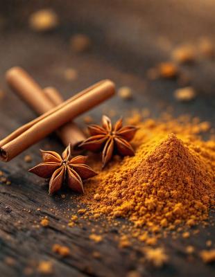 The primary subject of the image is a pile of spices, including cinnamon and star anise, sitting on a wooden table. The setting is a wooden table, and the visual style is a photo. The colors and mood of the image are warm and inviting, with the spices creating a sense of comfort and familiarity.