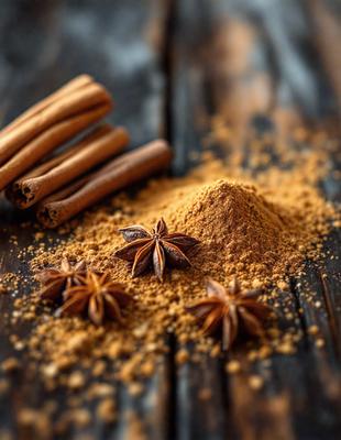 The primary subject of the image is a pile of cinnamon and star anise, which are both spices. The setting is a wooden table, and the visual style is a close-up of the spices. The colors and mood of the image are warm and inviting, as the spices are commonly associated with comforting and delicious foods.