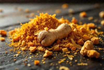 The primary subject of the image is a pile of spices, including ginger and turmeric, sitting on a table. The setting is a table with a wooden surface, and the visual style is a close-up of the spices. The colors and mood of the image are warm and inviting, with the spices being the main focus of the scene.